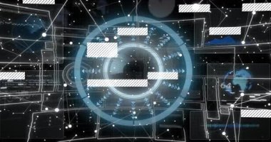 Cyan tarama halkası görünen yıldız ızgarası beyaz veri çubukları gibi titreşiyor, telemetriyi görselleştiriyor. Dijital, geleceksel, teknoloji, siber, veri, ağ, arayüz