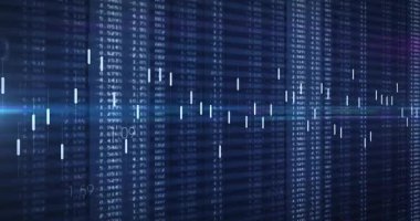 Yatay mavi mercek işaret fişeği süpüren şamdan çizelgesi morun izini sürüyor, mor çizgiler veriyi ortaya çıkarıyor. Finansal veriler, dijital analiz, soyut görselleştirme, pazar eğilimleri, yatırım, neon estetiği, veri görselleştirmesi