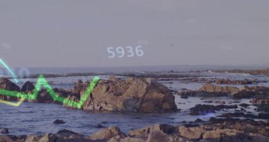 Kayalık sahili gösteren açılış sahnesi, verileri vurgulayan sayısal etiketlerle dalgalanan üç renkli grafikler. Deniz manzarası, veri görselleştirme, analitik, kıyı, havaya dayanıklı, teknolojik, sanatsal