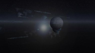 Gri kürenin yörüngesinde dönen kamera Dünya 'nın etrafında oluşan dalgaları ve kod akımlarını başlatıyor. Uzay, teknoloji, fütüristik, dijital, veri, evren, analitik