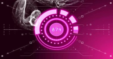 934 'ten başlayarak dijital gösterge düşüyor. Pembe kavisler değişiyor. Duman görselleştiriyor. Veri görselleştirme, dijital arayüz, animasyon, fütüristik, teknoloji, hareket grafikleri, neon