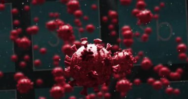 Virüs hücrelerinin elementler üzerinde canlandırılması. covid 19 pandemik kavramı dijital olarak oluşturulan video sırasında küresel bilim ve dijital arayüz.