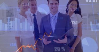 Business team in office holding report, initiating animated charts, demonstrating financial growth. Corporate, analytics, motivation, productivity, modern, strategy, success