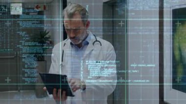 Physician tapping tablet reviewing medical data animated code panels appearing before walking away. Medical professional, digital health, innovation, modern, clinical, technology, diagnostics