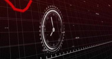 Gauge fading, red line slicing gauge, rippling numeric labels, hands rotating visualizing data. Futuristic, analytics, digital, motion, technology, abstract, measurement