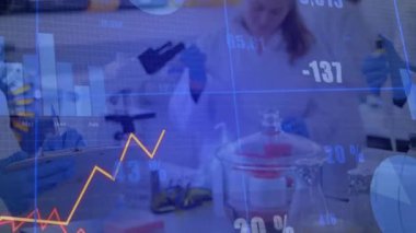 Lab scientist pipetting into vessel while colleague logging measurements as graphs animate overlay. Research, innovation, precision, experimentation, technology, analytical, scientific