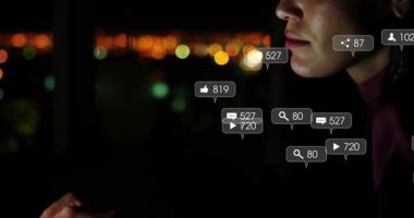 Hands tapping touchscreen and initiating floating alerts while marketer monitoring rising metrics. Technology, engagement, digital, entertainment, introspection, communication, urban