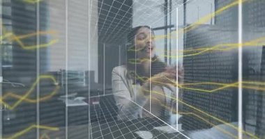 3D grid forming over tech desk, woman using headset tapping line graphs and cloud icons analyzing. Technology, innovation, data visualization, virtual interface, futuristic, digital, business