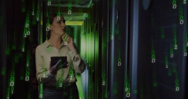 Bluz giyen bilişim teknisyeninin elinde tablet veri merkezindeki sunucuları taraması, ikili kod. Teknoloji, veri, bağlantı, siber güvenlik, modernizasyon, endüstriyel, dijital