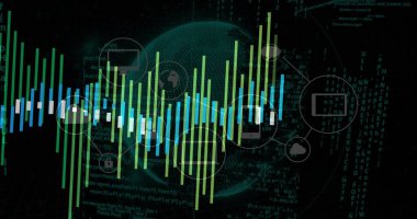Koyu dijital arayüzde, simge kaplamalarıyla, kablo küresi etrafında veri dalga biçimi çubukları gösteriliyor. Teknoloji, analitik, siber güvenlik, yenilik, ağ oluşturma, fütüristik, dijital