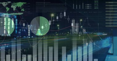 Mum çubuğu çizgisi ve dairesel segmentlerle gece yolu üzerinde çizelgeler gösteriliyor. Finansal analiz, veri görselleştirme, kentsel manzara, hareket bulanıklığı, dijital grafikler, teknoloji, modern