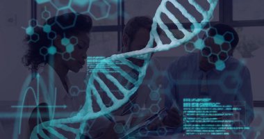 Discussing three scientists collaborating at desk in research lab, with holographic DNA helix. Innovation, science, technology, laboratory, collaboration, analytics, digital