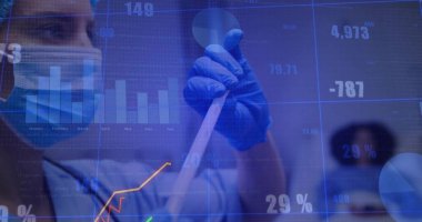 Masked stethoscope-clad scientist pipetting sample in vial in lab against digital data, copy space. Medical, research, innovation, healthcare, technology, analysis, precision