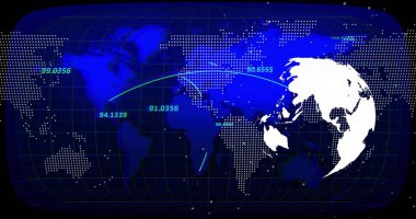 Displaying map in data dashboard with grid, dots, silhouette, numeric labels, teal arcs, copy space. Technology, innovation, visualization, analytics, digital, futuristic, data
