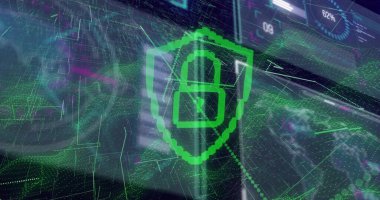 Pikselleştirilmiş yeşil asma kilit kalkanı şebekeye, veri noktalarına ve gösterge panellerine yerleştiriliyor. Siber güvenlik, koruma, dijital, geleceksel, şifreleme, teknoloji, arayüz