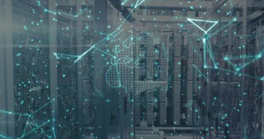 Displaying central server racks showing digital network overlay in data center, with data cables. Technology, cybersecurity, innovation, digital, infrastructure, futuristic, networking