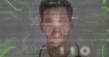 Smiling doctor wearing white coat, stethoscope in digital portrait with green circuits and bits. Healthcare, innovation, technology, medical, digital, professional, science