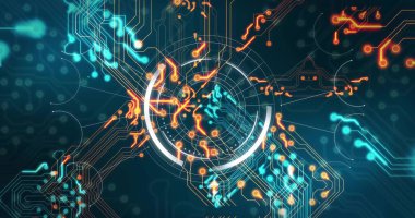 Merkezi hologram arayüzü senkronize halkalar, devreler ve düğümlerle ızgarada dönüyor. Teknoloji, yenilik, fütürizm, dijital, ağ, bağlantı, veri