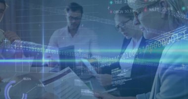 Reviewing professionals examining printed reports, tablet and data overlays around conference table. Business, analytics, innovation, technology, teamwork, digital, strategy