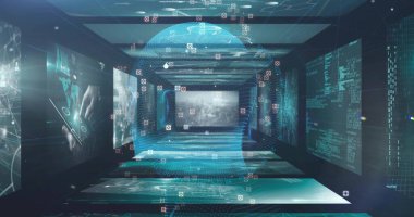 Showing holographic head flowing streams in virtual corridor, data screens and floating code blocks. Futuristic, cyber, technology, digital, virtual, data, immersive