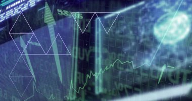 Yeşil çizgi grafiği ve yukarı doğru ok simgeleriyle terminal ekranda finansal gösterge paneli gösteriliyor. Finans, analitik, veri görselleştirme, teknoloji, yatırım, borsa, dijital arayüz