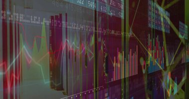 Ticari uygulamada sayısal işaretler ve renkli çubuk grafikleriyle katmanlı gösterim arayüzü. Analizler, görselleştirme, bilgi grafikleri, üretkenlik, modern, dijital, iş