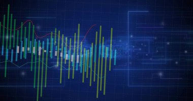 Kırmızı ve soluk yeşil trend çizgileri ile sanal mavi devre ızgarasında dalgalanan çubuk grafiği gösteriliyor. Gelecekçi, teknoloji, veri, analitik, dijital, yenilik, siber güvenlik