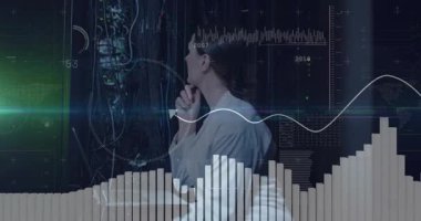 IT tech initiating waveforms and graphs on cables at server rack diagnosing and stabilizing network. Technician, data visualization, server infrastructure, digital diagnostics, cybersecurity, technical workspace, modern electronics