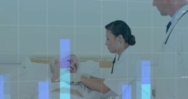 Female doctor picking up stethoscope listening chest, male doctor observing vitals charts fading in. Healthcare, medical, diagnostic, technology, clinical, professional, analysis