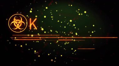 Dots drifting starting biohazard icon lines pulsing, text morphing into EMERGENCY urging action. Alert, warning, digital, hazard, interface, pulse, countdown