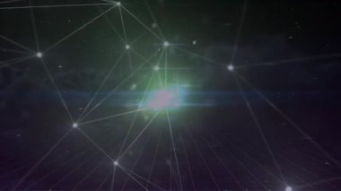 Animation of network of connections with lights over black background. global connections, data processing and technology concept digitally generated video.