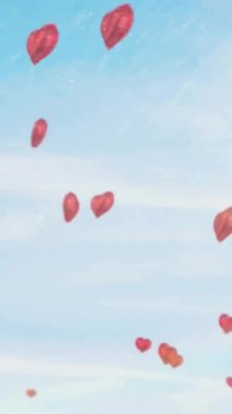 Animation of red heart balloons rising in sunny blue sky. Love, valentine day, romance and celebration, digitally generated video.