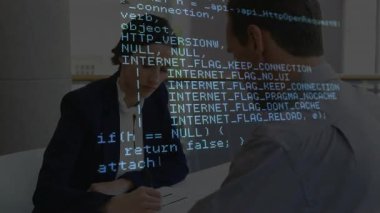 Technology team watching code overlay showing API requests, man explaining, woman writing notes. Collaboration, professionalism, digital, innovation, analysis, focus, brainstorming