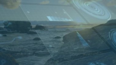 Sun at horizon causing panel fading bar graph rising and infographic pulsing for data visualization. Seascape, innovation, digital, analytics, tranquility, futuristic, landscape