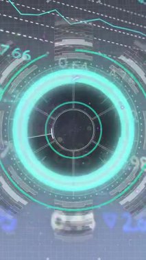 Animation of numbers, processing circle with glitch and financial data on digital screen. Global finance, economy, data processing and technology concept digitally generated video.