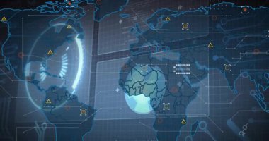 Overlaying radar on map, UI chart expanding panning Africa spotlighting Madagascar monitoring. Geospatial, technology, data, analytics, digital, visualization, interface