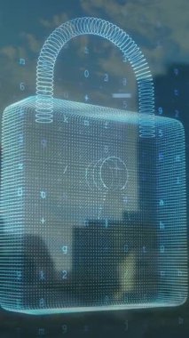 Şehir manzarası üzerindeki veri işleme ve asma kilit animasyonları. küresel iş ve dijital arayüz kavramı dijital olarak oluşturulmuş video.