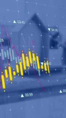 Boş ofis üzerinden finansal veri işleme animasyonu. Küresel iş, finans ve dijital arayüz kavramı dijital olarak oluşturulmuş video.