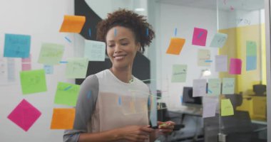 Yetişkin bir kadın cam bölmeleri okuyarak beyin fırtınası için animasyon şekilleri yaratıyor. Yaratıcı, işbirliği, yenilik, çalışma alanı, görselleştirme, problem çözme, modern