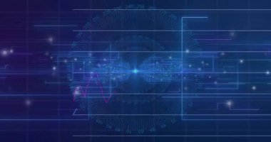 Radyal arama, pembe ve mavi çizgi grafikleri çizme ve veri kaymalarını görselleştiren yükselen çubuklar. Fütürist, dijital, analitik, arayüz, teknoloji, devre, veri