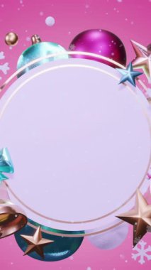 Kar yağışının animasyonu ve çemberin üzerinde pembe arka planda fotokopi alanı olan Noel süslemeleri. Noel, gelenek ve kutlama konsepti dijital olarak oluşturuldu.