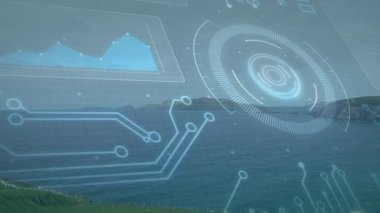 Çerçeve soluklaşıyor, gök mavisi grafiği darbesi, devre çizgileri canlanıyor, iç görü için eş merkezli HUD dönüyor. Fütürist, arayüz, görselleştirme, teknoloji, deniz manzarası, dinamik