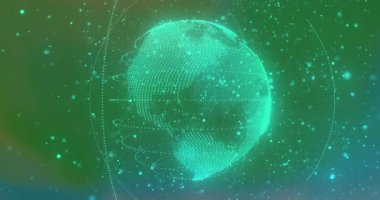 Neon-yeşil küre saat yönünde dönüyor, spiral halkalar gibi. Küresel akışları gösteren çizgiler ve noktalar gibi. Küre, veri görselleştirme, soyut, dijital, teknoloji, fütürist, hareket