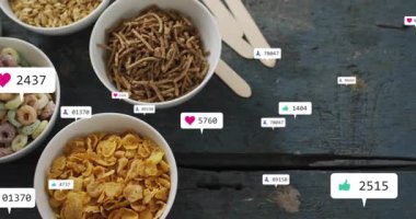 Başlangıçta üç tahıl kasesi yüzen ikonlar alıyor ölçümler nişan büyümesini gösteriyor. Kahvaltı, sosyal medya, dijital katılım, ölçüler, simgeler, veri görselleştirme, tüketici etkileşimi