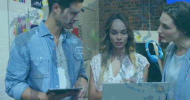 Man gesturing with tablet revealing business charts, coworker tapping laptop uncovering insights. Collaboration, teamwork, digital, innovation, modern, analytics, professional