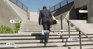 Business-suited man stepping onto stairs and climbing with notification icons swelling then fading. Corporate, digital, modern, progression, sleek, success, communication