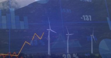 Sarı çizgide beliren çizelge rüzgar türbinlerinin önünden yükseliyor etiketleri güncelliyor ve trendleri gösteriyor. Yenilenebilir enerji, veri, analiz, sürdürülebilirlik, teknoloji, tahmin