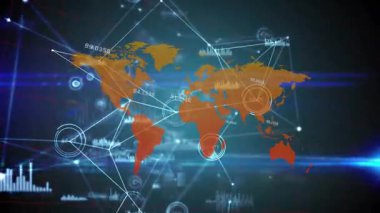 Turuncu harita ortaya çıkıyor ve veri alışverişini gösteren etiketler güncellenirken çizgiler çiziyor. Teknoloji, bağlantı, veri, analitik, dijital, ağ, küresel