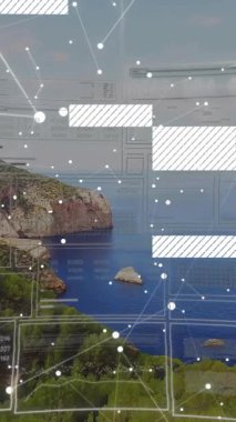 Bağlantılar ağı ve kıyı manzarası üzerinde veri işleme animasyonu. Teknoloji, dijital, iletişim