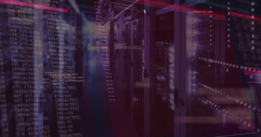 Kırmızı renklendirme verileri ile kodları kaydırırken raf koridorunda kaybolan kod örtüsü. Teknoloji, siber güvenlik, veri depolama, dijital altyapı, ağ, fütüristik, kesinlik